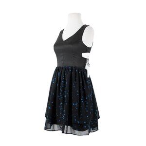 Eric + Lani $59 Sz S Black Blue Polka Dot Lined Sleeveless V Neck Poly Dress